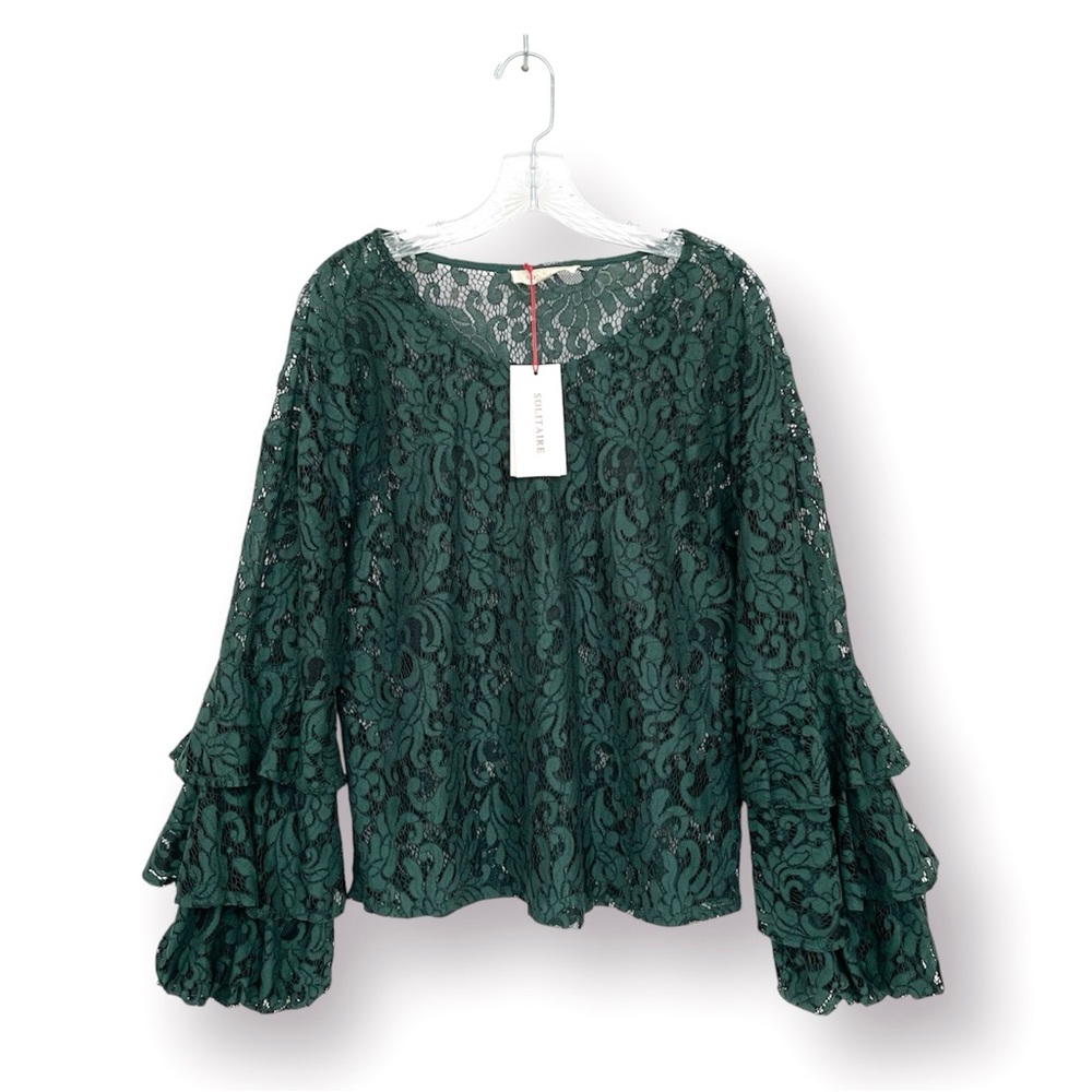 Solitaire Lace Blouse Long Layered Ruffle Bell Sleeve Crew Neck Jade Gre…